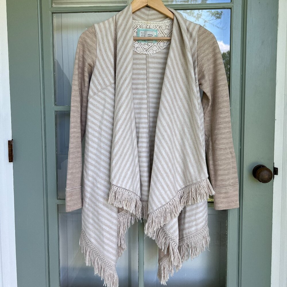 Anthropologie Saturday Sunday Beige White Striped Fringe Cardigan Sweater XS